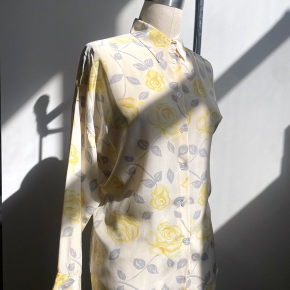 Vintage RODIER Paris Long Button-Up Yellow Rose Floral Silk Blouse sz 40 10 - Picture 4 of 12
